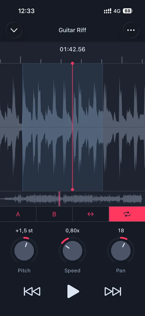 AudioTweak player showing waveform, pitch and speed controls