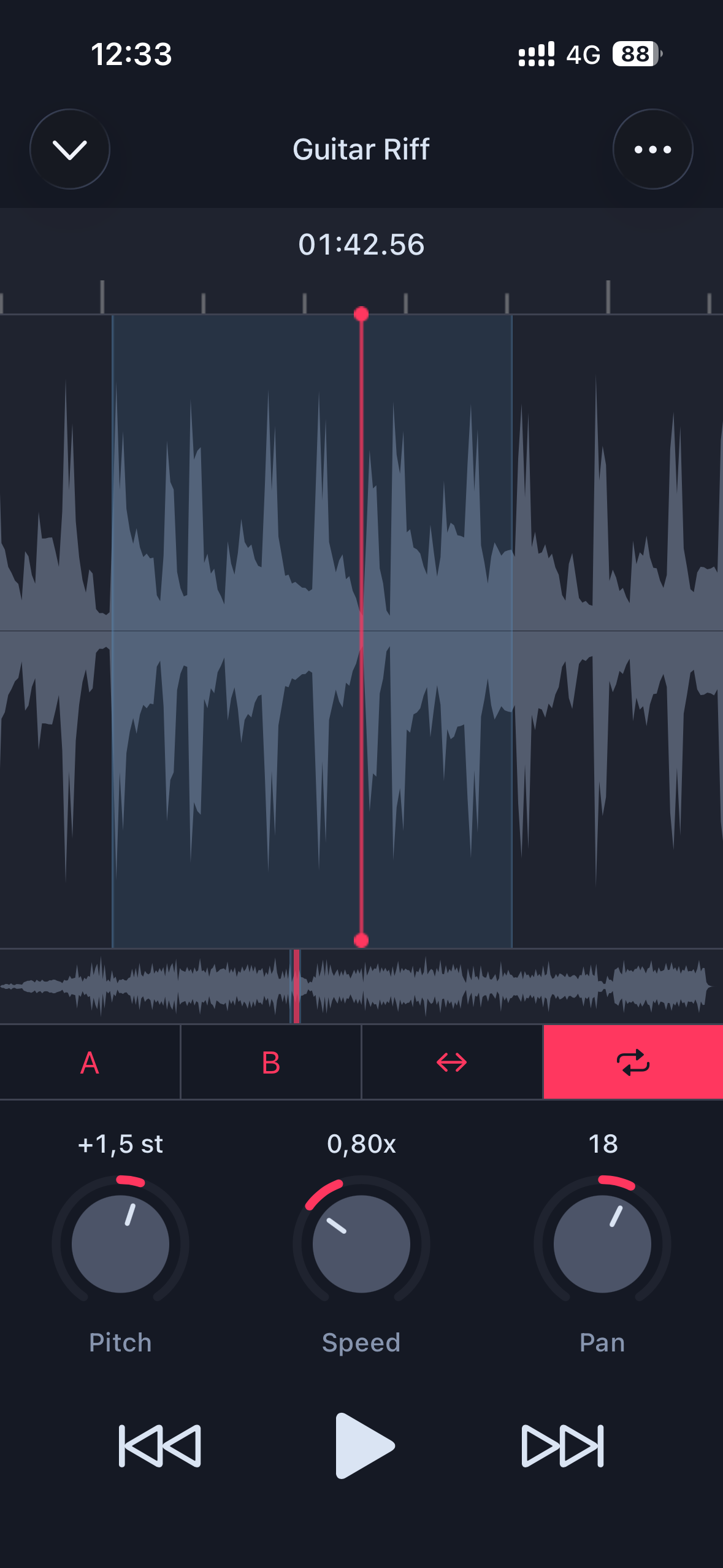 AudioTweak player showing waveform, pitch and speed controls