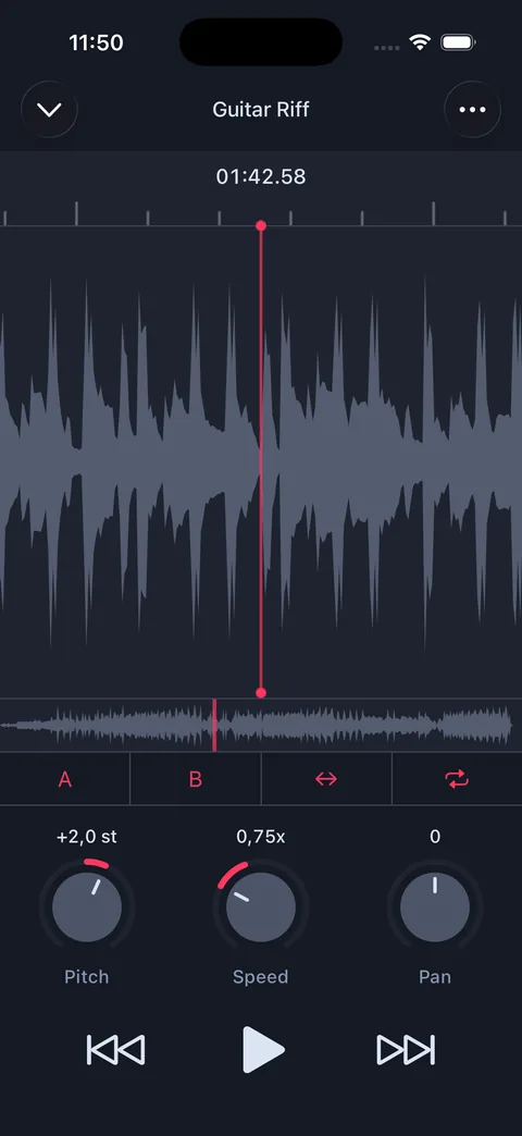 Speed set to 0.75× with pitch shifted up 2 semitones