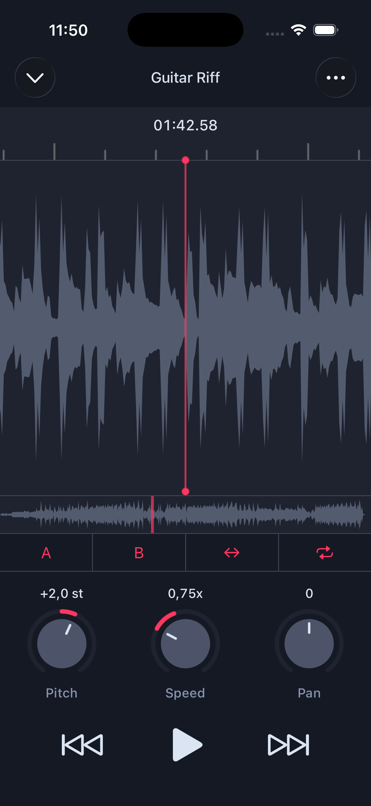 Speed set to 0.75× with pitch shifted up 2 semitones